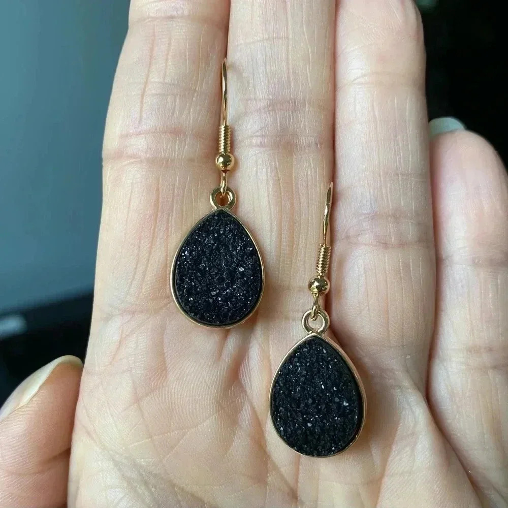 Obsidian Black Faux Druzy Gold Drop Hook Earrings NWT